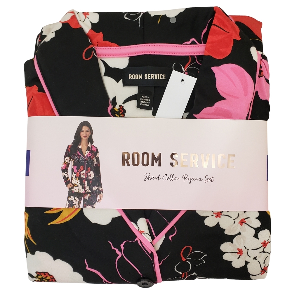 Room Service Pajama Set Women Medium, Large Black Floral Jersey NWT